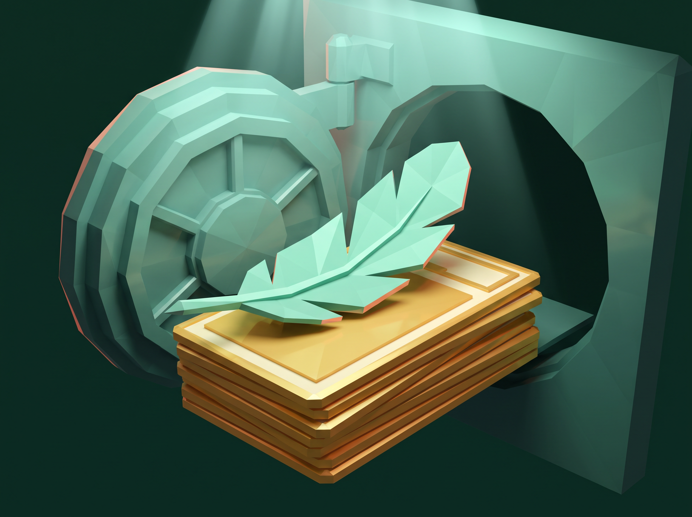 A mint feather resting on a stack of gold graded slabs inside an open vault